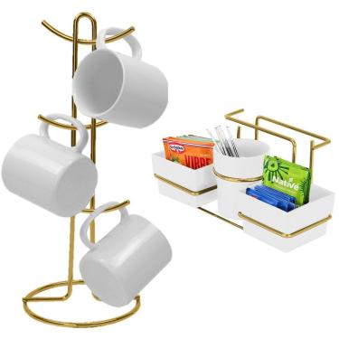 Imagem de Kit Porta Sachê Suporte Organizador Porta Xícaras Café Bancada Cozinha Dourado - Future