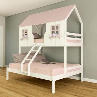 Imagem de Beliche Casal/ Solteiro Casinha Encantada Madeira Maciça Branco/ Rosa Housin
