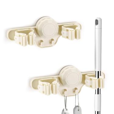 Imagem de Sekonow Suporte de parede para esfregão com ventosa forte e organizador de vassoura com ganchos, suporte removível para economia de espaço para lavanderia, jardim e garagem (bege)