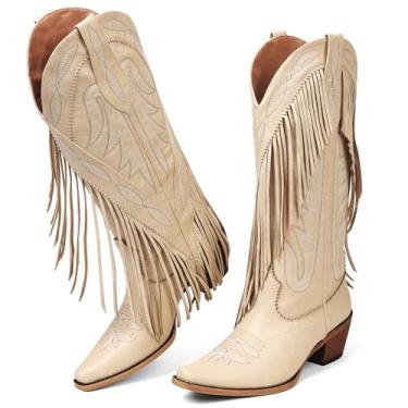 Imagem de Grakihily Botas femininas de cowgirl retrô bico fino sem cadarço salto grosso borlas country concerto botas de cowboy ocidentais de panturrilha, Bege, 36