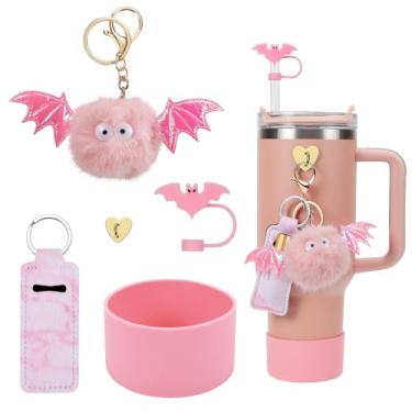 Imagem de Stanley Cup Conjunto de acessórios de Halloween - capa de canudo de silicone, bota, suporte de batom, pingentes para copo de 1,134 g e 850 g (morcego rosa)