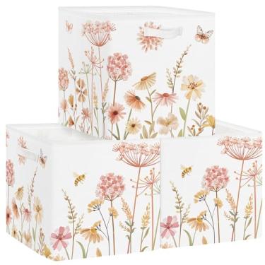 Imagem de Clastyle Conjunto De 3 Organizadores Cubo Armazenamento Infantil Estilo Boho Com Flores, Armário Plantas, Cesto Roupas, Bege, Caixa Brinquedos Para Crianças, Baú, Borboleta, Prateleira Livros, Cesta