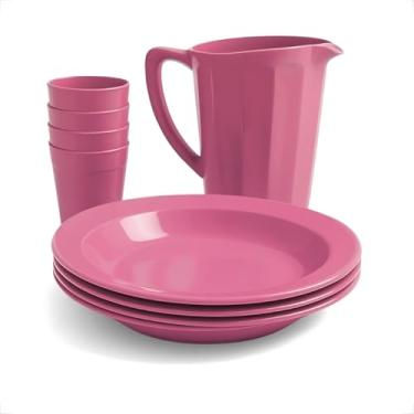 Imagem de Kit Plástico 1 Jarra 1,7L + 4 Pratos + 4 Copos 200Ml Conjunto Mesa Para Festas Creches Escolas Infantil (Rosa)