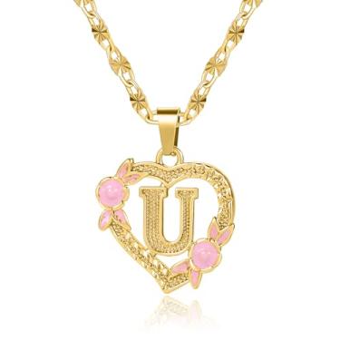 Imagem de Qitian Colar com inicial de coração para mulheres, coração, letra dourada, nome A-Z, nome alfabeto, pingente colar para presente de menina, Ouro, Sem Pedra Preciosa