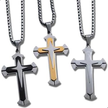 Imagem de Colar Corrente Pingente Cruz Aço Inoxidável Cordão Ouro Prata Moda Masculino Crucifixo Religioso Presente Namorado (Prateado, 70cm)