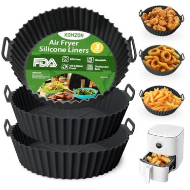 Imagem de Komzon Pacote com 3 forros de silicone para fritadeira a ar, forros de airfryer de 20 cm, forros de cesta de silicone para fritadeira a ar,