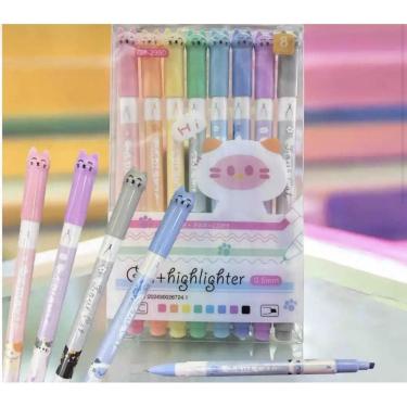 Imagem de Kit 8 Peças Caneta Gatinho Ponta Dupla, Marca Texto E Ponta