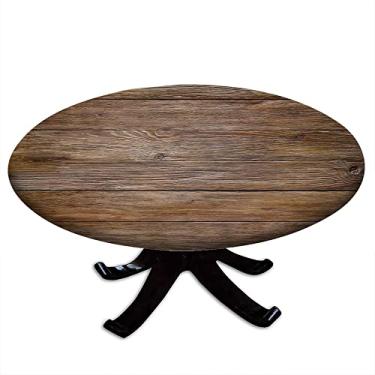 Imagem de Toalha de mesa redonda de madeira com borda elástica, estampa de textura de prancha de madeira, design de impressão 3D, pano de decoração de mesa, festa de buffet e acampamento, adequada para mesa de