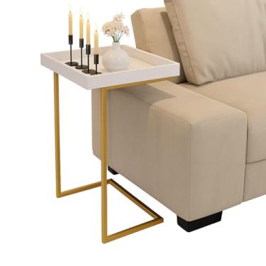 Imagem de Mesa De Canto Para Sofá Com Espelho - Apoio Lateral Branco De Luxo, Prateleira Decorativa Para Sala De Estar Ou Quarto, Design Moderno E Resistente (Pé Dourado)