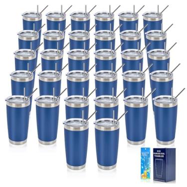 Imagem de IEOVIEE 32 pacotes de copos de 590 ml a granel com tampa e canudo de aço inoxidável com isolamento de parede dupla xícaras de chá de viagem, caneca de café, copo revestido com pó para bebida quente e