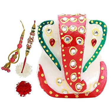 Imagem de Conjunto de Rakshabandonhan Purpledip: Estátua de mármore pequena Ganesha, designer Rakhis para Bhai & Bhabhi, Roli Chawal Tika (rakhi78c)