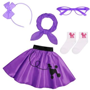Imagem de Rayekrot Fantasias dos anos 50 para meninas dos anos 50, conjunto de saia poodle rosa com óculos de olho, cachecol e faixa de cabeça (roxo, 8 a 10 anos)