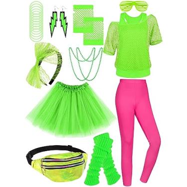 Imagem de AOTHSO 24 peças de fantasia feminina de Halloween anos 80 arrastão camisa neon saia tutu calça bolsa cintura óculos faixa de cabeça brinco aquecedor de perna, Verde fluorescente, M