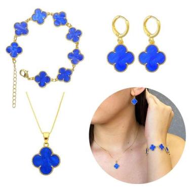 Imagem de Conjunto Trevo Ouro 18k AZUL Modelo Virginia Banhado Moda - Morganitte