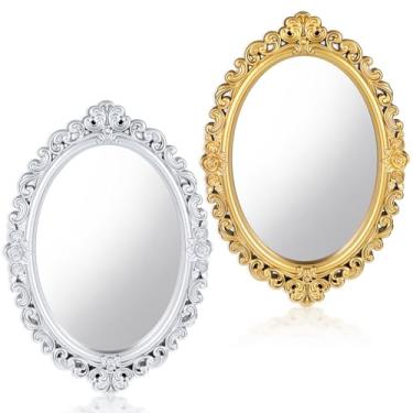 Imagem de Ptwola 2 peças de espelhos decorativos vintage pequenos espelhos ovais para pendurar na parede espelho emoldurado esculpido em ouro antigo para entradas quarto sala de estar cômoda decoração
