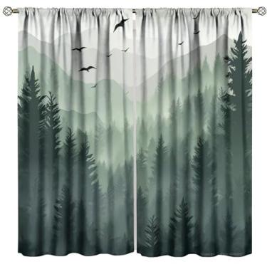 Imagem de Cortina blackout florestal para berçário, aquarela verde floresta pássaros voando, natureza, montanha, árvore, bosque, tratamentos de janela, 2 painéis, cortinas para sala de estar, quarto, café