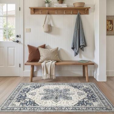 Imagem de Tortania Tapete de área para sala de estar – Tapete lavável vintage oriental envelhecido casa de fazenda pequeno fino para sala de estar quarto embaixo da mesa de jantar escritório em casa - índigo