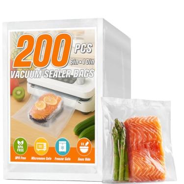 Imagem de FUNFERY Sacos seladores a vácuo pré-cortados para alimentos, 200 litros, 15,2 x 25,4 cm, armazenamento de alimentos a longo prazo e saco de grau comercial sous vide, livre de BPA para micro-ondas
