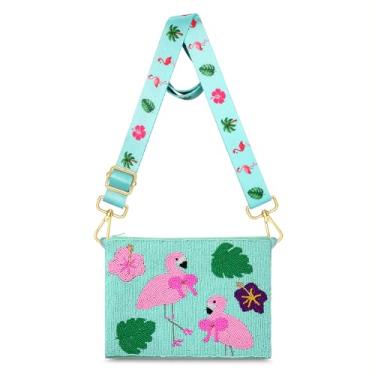 Imagem de YAHPERN Bolsa feminina flamingo com contas de palmeira flamingo bolsa tiracolo tropical verão praia bolsa de ombro roupas presentes, Multicor