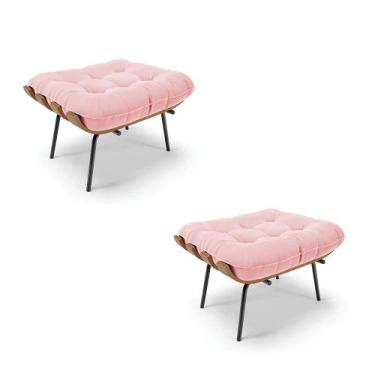 Imagem de Kit 02 Puffs Costela Suede Base Metálica Preto Rosa Bebê - DROSSI