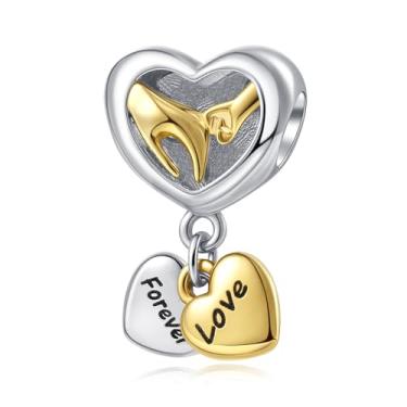 Imagem de LuxglitterLin Pingente de coração Mom Forever Love Daughter Son Hand in Hand Bead compatível com pulseira Pandora feminina dourada