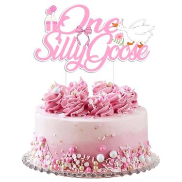 Imagem de One Silly Goose Birthday Cake Topper, One Goose Theme Birthday Decorations, Happy 1st Birthdays Cup Cake Topper, Funny Party Decor Photo Background Supplies for 1 Year Animal Cake Photo Props