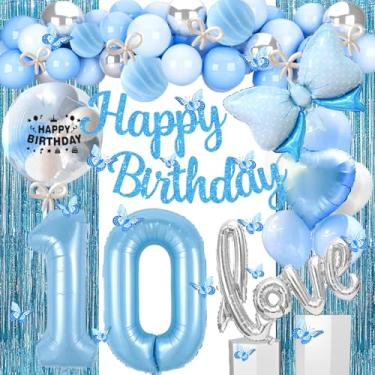 Imagem de Gonngrun Decoração Para Festa De 10 Anos Em Azul E Prata Com Faixa Alegre, Balões Amor, Balão Número 10, Guirlanda Borboletas Penduradas, Cortinas Franjas