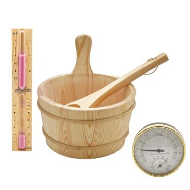 Imagem de Benustra Conjunto de balde e concha de sauna, conjunto de acessórios de sauna com 4 peças, inclui balde de madeira de 4 L com concha, termômetro de sauna higrômetro 2 em 1, temporizador de ampulheta