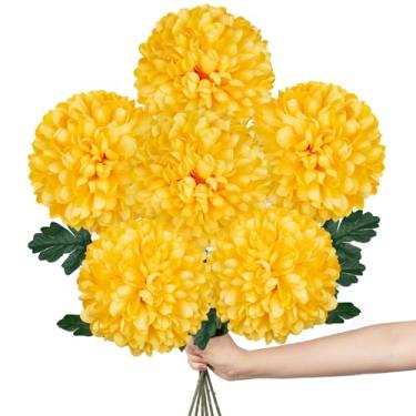 Imagem de Briful [6 peças de flores artificiais de crisântemo de outono – 65 cm de comprimento de flores de seda sintética com flores grandes de 15 cm, folhas de plástico realistas – para decoração de outono e