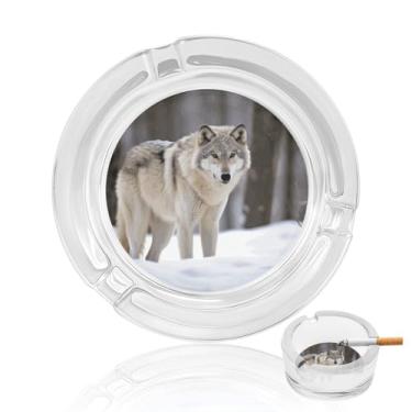 Imagem de Cinzeiro de vidro de cristal de lobo na neve, cinzeiro redondo para fumar de vidro resistente, portátil, decorativo, moderno, para uso em casa, escritório, interior, exterior, pátio