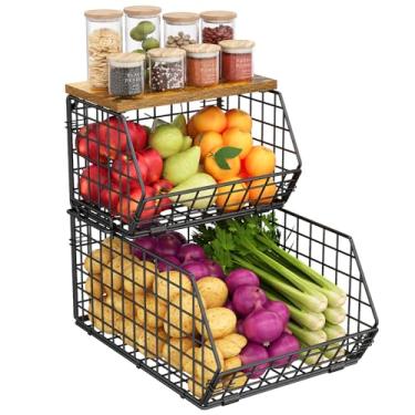 Imagem de X-cosrack Cestas de arame empilháveis de 2 camadas com tampas de madeira, cesta de frutas para balcão de cozinha, cestas de parede para armazenamento de batatas e cebolas, cestas de metal para latas