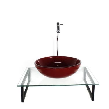 Imagem de Kit Cuba Vidro Redonda 10Mm Vermelho Cereja Tampo 50Cm