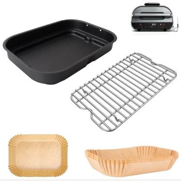 Imagem de WEBROIL Frigideira antiaderente, rack de aço inoxidável e forros de fritadeira a ar para churrasqueira interna Ninja FG551 Smart XL 6 em 1, peças para acessórios Ninja Air Fryer com papel manteiga