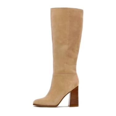 Imagem de Erocalli Botas de cano alto femininas cano alto grosso salto alto longo bico redondo zíper lateral, 1 damasco, 36