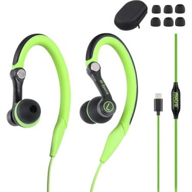 Imagem de mucro Fones de ouvido USB C com fio com microfone, fones de ouvido abertos com fio para esportes/corrida, fones de ouvido supra-auriculares com gancho rotativo, fones de ouvido intra-auriculares para