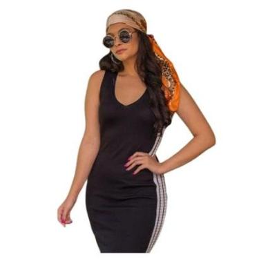 Imagem de Vestido Vih Triny Midi Tricô Feminino Justo Listrado Lateral Premium Casual-Feminino