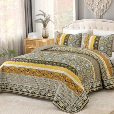 Imagem de Yiran Conjunto de cama Queen com colchas amarelas acinzentadas, vintage, boêmio, vintage, conjunto de colcha boêmia, leve com 2 fronhas para cama 246 x 232 cm