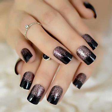 Imagem de Elevenail Preto Claro Café Marrom Glitter French Press On Unha Postiça Média Curta Quadrada Brilho Unhas Postiças Pontas Salão Manicure Reutilizável Faça Você Mesmo Unhas Artificiais Arte Para Mulhere