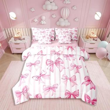 Imagem de Erosebridal Jogo de cama fofo com laço kawaii, estilo princesa sonhadora, solteiro, 7 peças, para crianças, adolescentes, mulheres, rosa, com laço, branco, listrado, decoração de quarto