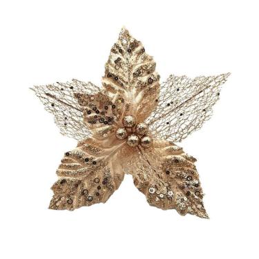 Imagem de Pick Natalino Flor Bico de Papagaio Vazado em Veludo Champanhe Luxo com Glitter e Lantejoulas 22cm