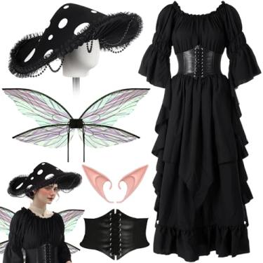 Imagem de Mepase Fantasia medieval renascentista de Halloween com chapéu de cogumelo cinto de fada elfo orelha borboleta asas fantasia para cosplay, Preto, XXL/XXXL