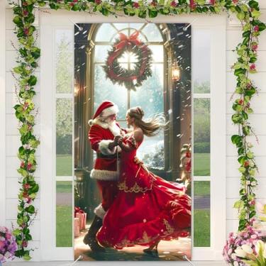 Imagem de BlissYard Banner de porta de Natal com estampa de Papai Noel dançante, 89 x 189 cm, decoração de porta da frente com design elegante de casal, guirlanda de neve e inverno para ambientes internos e