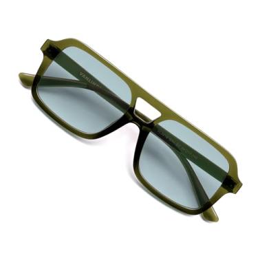 Imagem de VANLINKER Óculos de sol retrô estilo aviador quadrado anos 70 para mulheres e homens, vintage, moderno, retangular, óculos de sol VL9816, Lente azul claro/armação verde C18, M