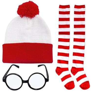Imagem de 3 peças de gorro listrado de tricô vermelho e branco para cosplay, óculos de cosplay, bengalas infláveis para homens e mulheres (feminino-A2)