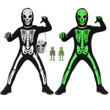 Imagem de XYLENCO Macacão de esqueleto que brilha no escuro para crianças - roupa de esqueleto unissex preto e branco para meninos e meninas, Preto, L (8-10 Years)