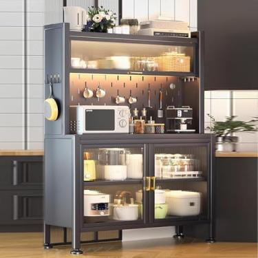 Imagem de Suporte Para Micro-ondas Com Armário De Armazenamento, Prateleiras De Padeiro, Design De Porta Dupla Transparente, Armário De Armazenamento Com Painel De Pegboard & 8 Ga, Grå, L-80CM/31.5IN