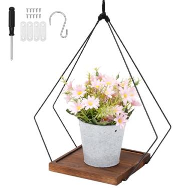 Imagem de Plantadores pendurados para plantas de interior, vaso de parede de metal com base de madeira, suporte de vaso de flores grande com parafuso e gancho para plantas internas e externas, parede, teto