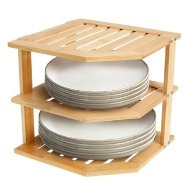 Imagem de Prateleira organizadora de armário de 3 camadas, suporte de canto para prato, suporte de organização de bancada para armazenamento de cozinha, prateleira de canto de bambu para economia de espaço de