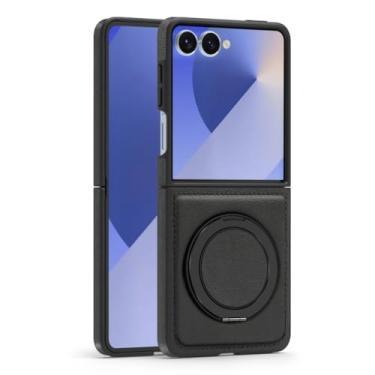Imagem de Capa para Galaxy Z Flip6 com suporte de anel magnético de couro e carregamento sem fio (para Galaxy Z Flip6/preto)