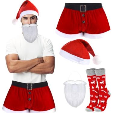 Imagem de Mumucove Conjunto de 4 peças de lingerie masculina de Natal para Papai Noel, inclui shorts boxer de veludo vermelho de Natal, chapéu de Papai Noel, barba de Papai Noel, meias íntimas, roupa íntima